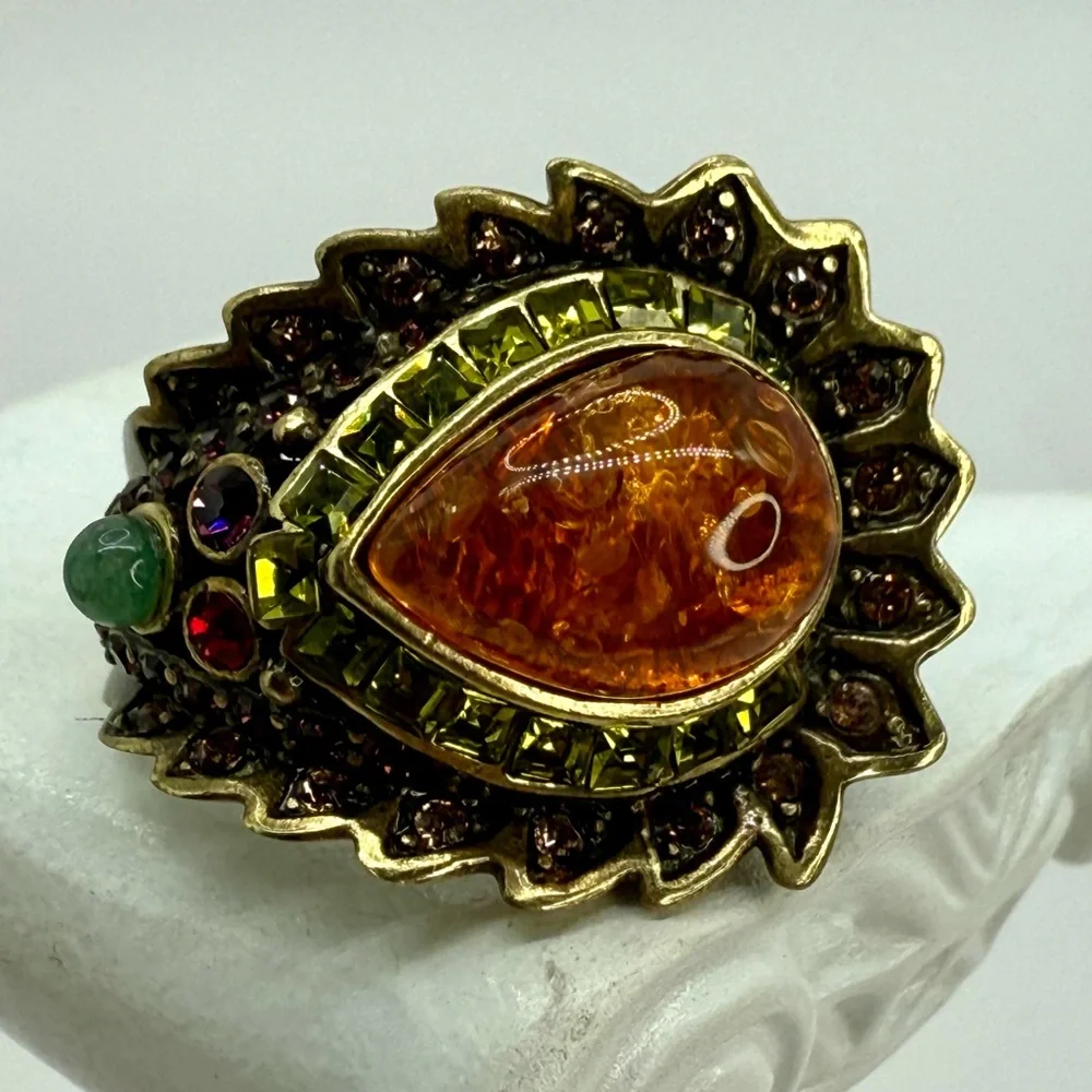 Vintage Heidi Daus Statement Ring – Amber Cabochon w Multi-Color Crystals Sz 7 - Picture 10 of 17